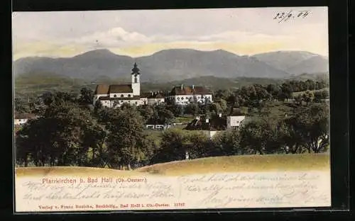 AK Pfarrkirchen b. Bad Hall, Ortsansicht vor Berghintergrund