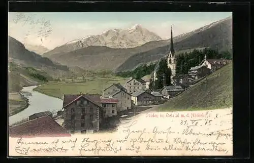 AK Sölden, Panorama mit Ort und Berglandschaft