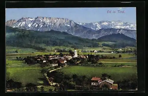 AK Erl in Tirol, Ortsansicht mit Bergpanorama