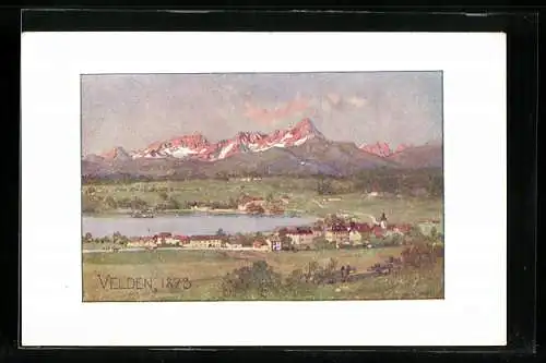 Künstler-AK Velden, Ortsansicht mit Bergen im Abendlicht
