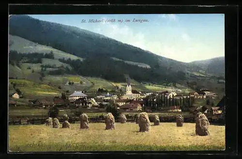AK St. Michael im Lungau, Ortsansicht mit Feldern und Bergen