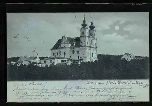 Mondschein-AK Maria-Dreieichen, Blick auf die Kirche