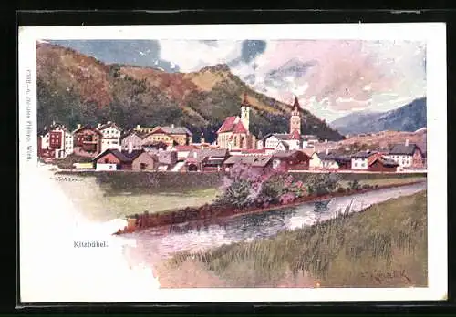 Künstler-AK Franz Kopallik: Kitzbühel, Ortsansicht mit Kirchen