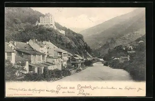 AK Landeck, Ortsansicht mit Burg