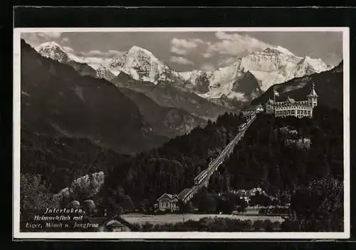 AK Interlaken, Heimwehfluh mit Bergbahn, Eiger, Mönch und Jungfrau