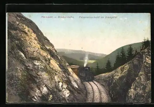 AK Drengetal, Harzquer- u. Brockenbahn im Felseneinschnitt