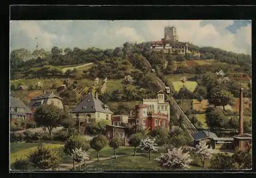 Künstler-AK Durlach, Turmberg mit Drahtseilbahn