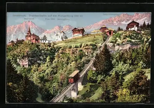 AK Innsbruck, Drahtseilbahn auf die Hungerburg mit Brandjoch, Frau Hitt und Sattelspitzen
