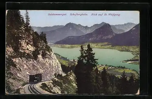AK Schafbergbahn mit Blick auf St. Wolfgang, Bergbahn