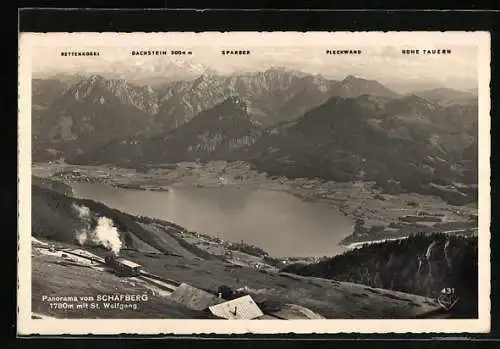 AK St. Wolfgang, Panorama vom Schafberg mit Bergbahn, Rettenkogel, Sparber und Pleckwand