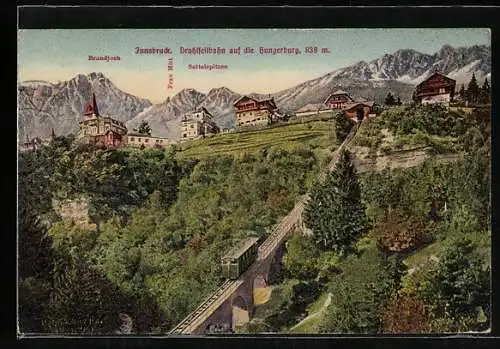 AK Innsbruck, Drahtseilbahn auf die Hungerburg mit Brandjoch, Frau Hitt und Sattelspitzen