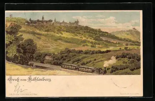 Lithographie Kahlenberg, Ortsrand mit Eisenbahn