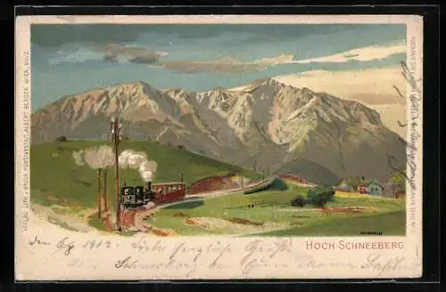 Künstler-AK Hoch-Schneeberg mit Bergbahn