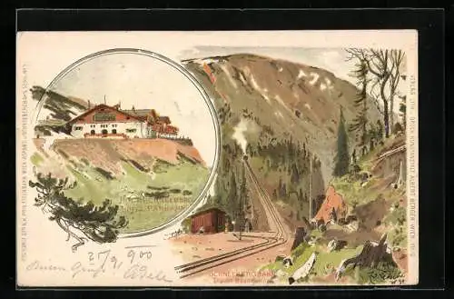 Lithographie Puchberg am Schneeberg, Hotel Panhans auf dem Hochschneeberg, Station Baumgarten der Schneebergbahn