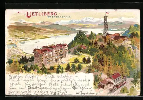 Lithographie Zürich, Uetliberg mit Hotel und Bahnhof