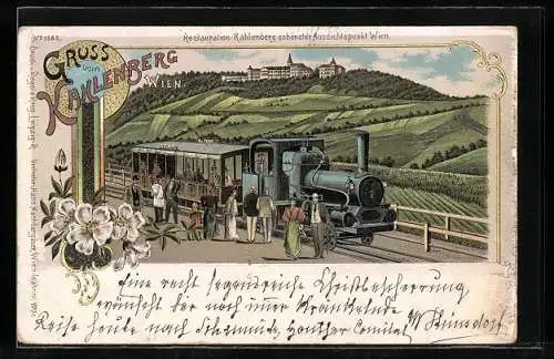 Lithographie Wien, Kahlenberg, Bergbahn vor dem Restaurant