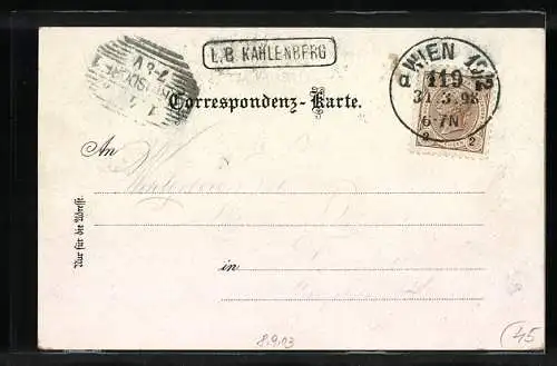 Lithographie Wien XIX, Hotel Kahlenberg, Stefaniewarte und Wappen