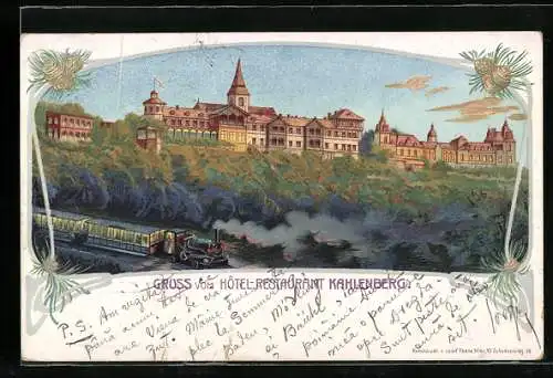 Lithographie Wien, Blick zum Hotel-Restaurant Kahlenberg, im Vordergrund Eisenbahn