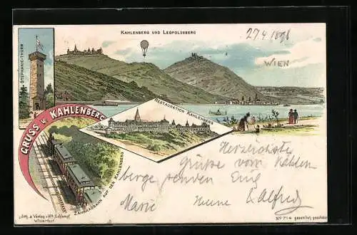 Lithographie Wien, Kahlenberg, Zahnradbahn und Restaurant, Ballon über dem Berg, Stephanie-Turm