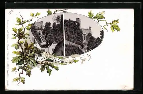 Lithographie Salzburg, Bergbahn fährt hoch zur Burg