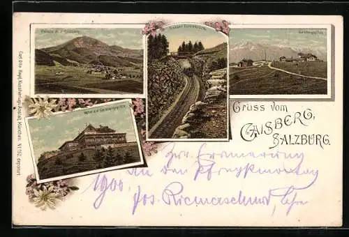 Lithographie Salzburg, Gaisberg, Parsch, Hotel a. d. Gaisbergspitze, Grosser Durchbruch, Edelweiss