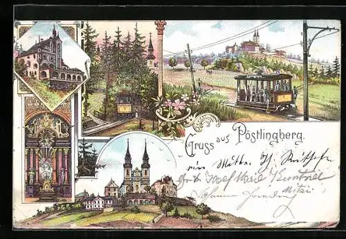 Lithographie Pöstlingberg, Bergbahn, Kirche mit Altar