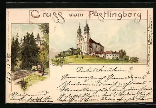AK Pöstlingberg, Blick auf das Schloss, Strassenbahn