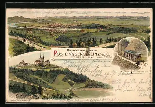 Lithographie Pöstlingberg, Felsendurchbruch mit Bergbahn-Wagen, Panorama von Linz