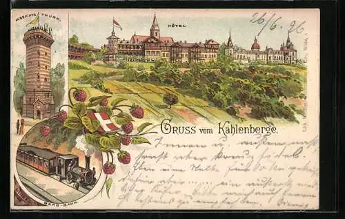 Lithographie Wien-Kahlenberg, Hotel, Aussichtsthurm, Berg-Bahn