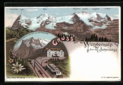 Lithographie Wengernalp, Kleine Scheidegg mit Blick auf Wetterhorn