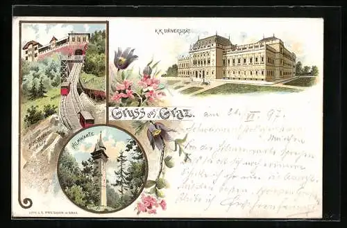 Lithographie Graz, Hilmwarte, K. K. Universität und Bergbahn