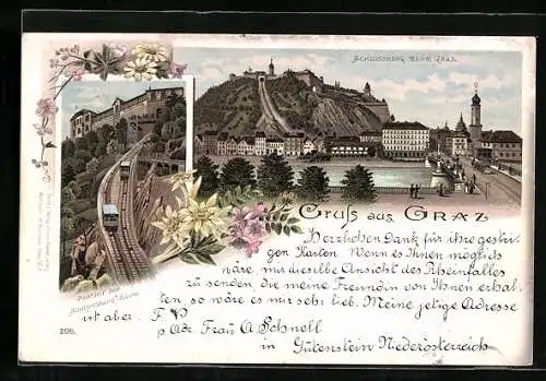 Lithographie Graz, Schlossberg-Bahn, Teilansicht des Ortes