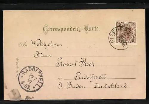 Lithographie Graz, Schlossberg-Bahn, Teilansicht des Ortes