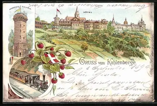 Lithographie Wien-Kahlenberg, Hotel, Aussichtsturm, Bergbahn, Wappen