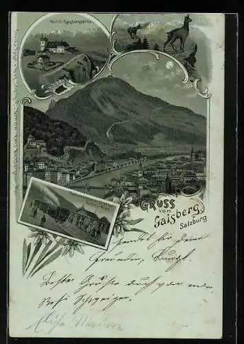 Mondschein-Lithographie Salzburg, Gaisberg, Zahnradbahn-Station Zistel-Alpe, Hotel Gaisbergspitze