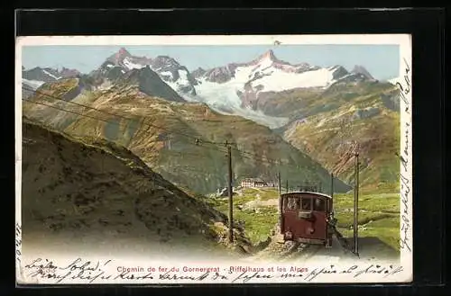 AK Gornergrat, Chemin de fer du Gornergrat, Riffelhaus et les Alpes, Bergbahn