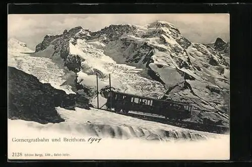 AK Gornergratbahn und Breithorn, Schweizer Bergbahn