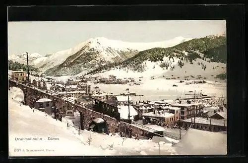 AK Davos, Teilansicht mit Drahtseilbahn im Schnee