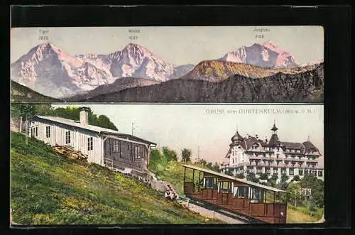 AK Gurtenkulm, Hotel mit Bergbahn, Eiger, Mönch und Jungfrau