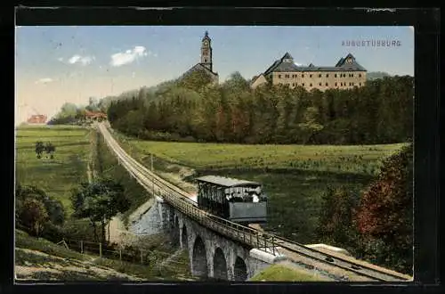 AK Augustusburg, Ortsansicht mit Zahnradbahn
