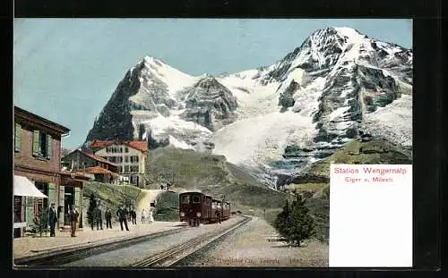 AK Wengernalp, Bahnhof mit einfahrendem Zug, Eiger und Mönch