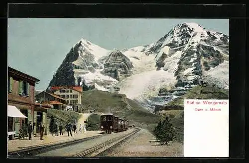 AK Wengernalp, Bahnhof mit einfahrendem Zug, Eiger und Mönch