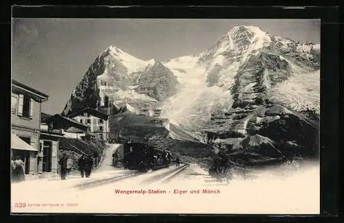 AK Wengernalp, Bahnhof der Bergbahn mit Eiger und Mönch