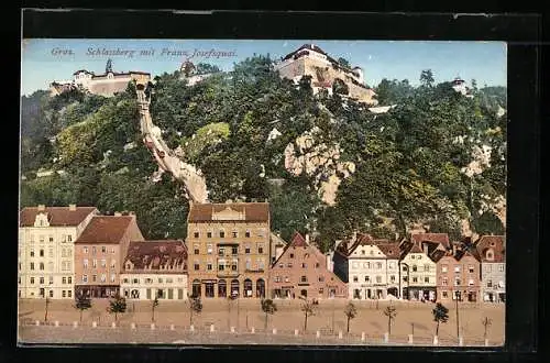 AK Graz, Schlossberg mit Bergbahn und Franz Josefsquai