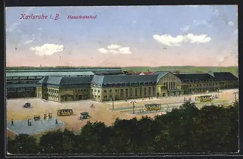 AK Karlsruhe i. B., Strassenbahnen vor dem Hauptbahnhof