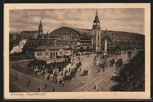 AK Hamburg-St.Georg, Hauptbahnhof mit Strassenbahn und Passanten