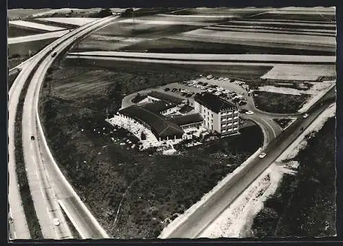AK Kassel, Autobahn-Rasthaus von Herbert Henkel, Fliegeraufnahme