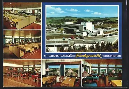 AK Rudolphstein b. Hof, Autobahn-Raststätte Frankenwald, Innen- und Aussenansichten