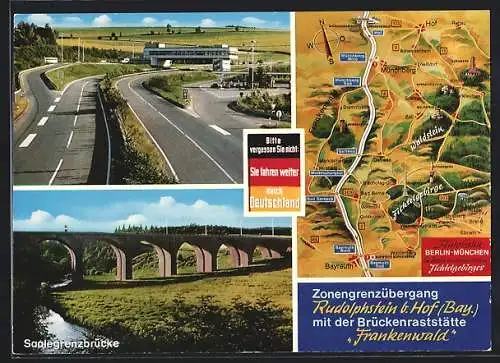 AK Rudolphstein b. Hof, Zonengrenzübergang mit Brücken-Raststätte Frankenwald
