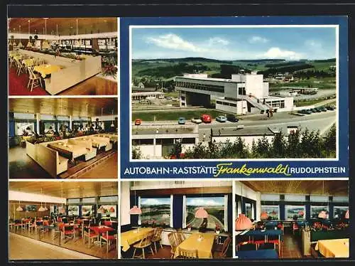 AK Rudolphstein b. Hof, Autobahn-Raststätte Frankenwald, Aussen- und Innenansichten